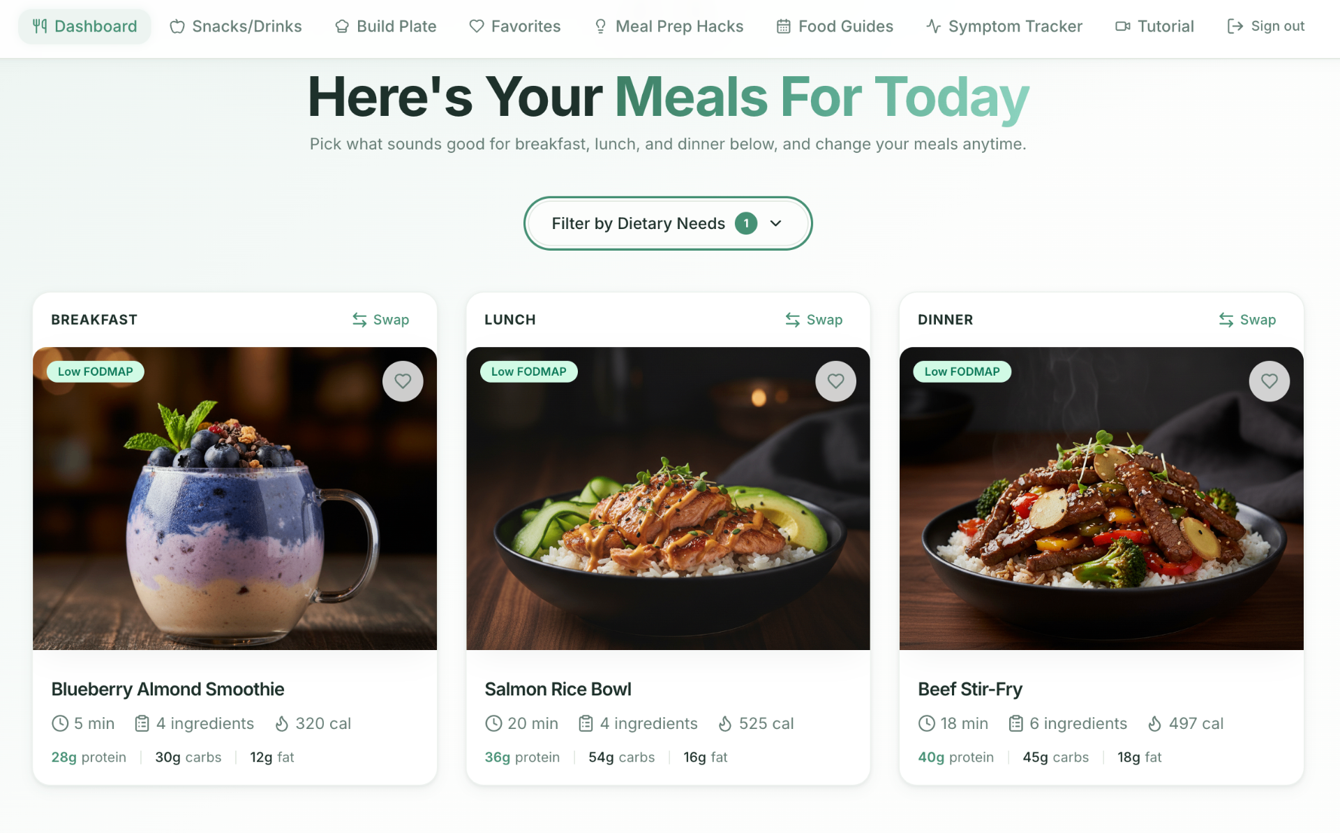 Example daily meals from Phase One protocol