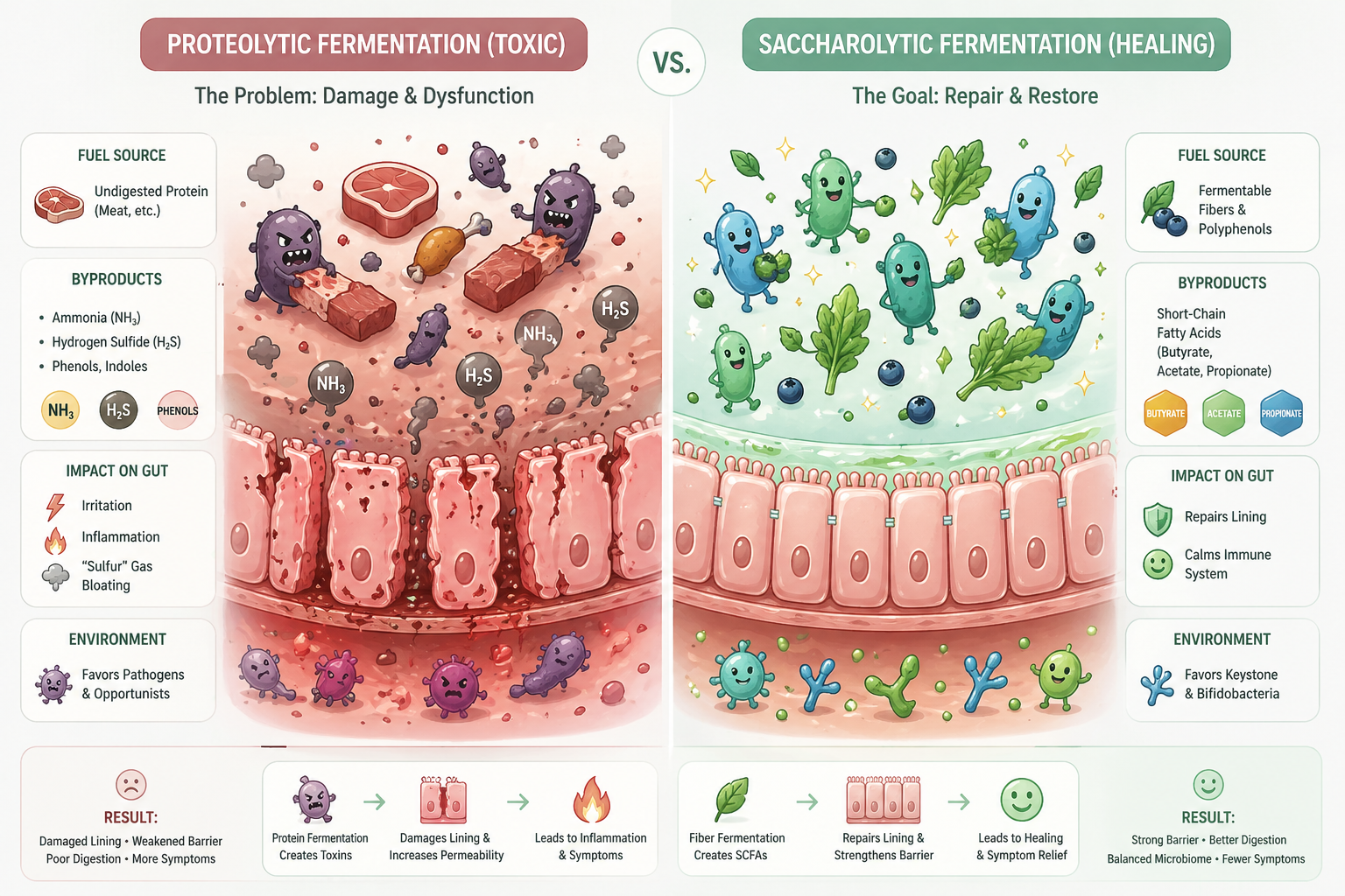 Proteolytic vs Saccharolytic fermentation comparison
